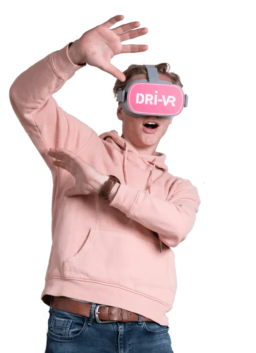 Student wearing a DRI-VR headset, reacting to a traffic scene